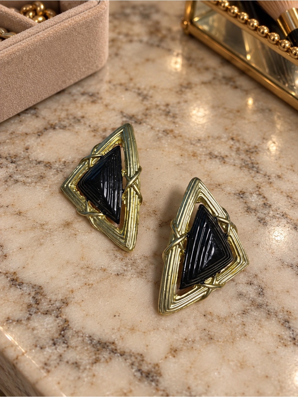 Vintage Gold-Tone & Black Geometric Triangle Statement Earrings
